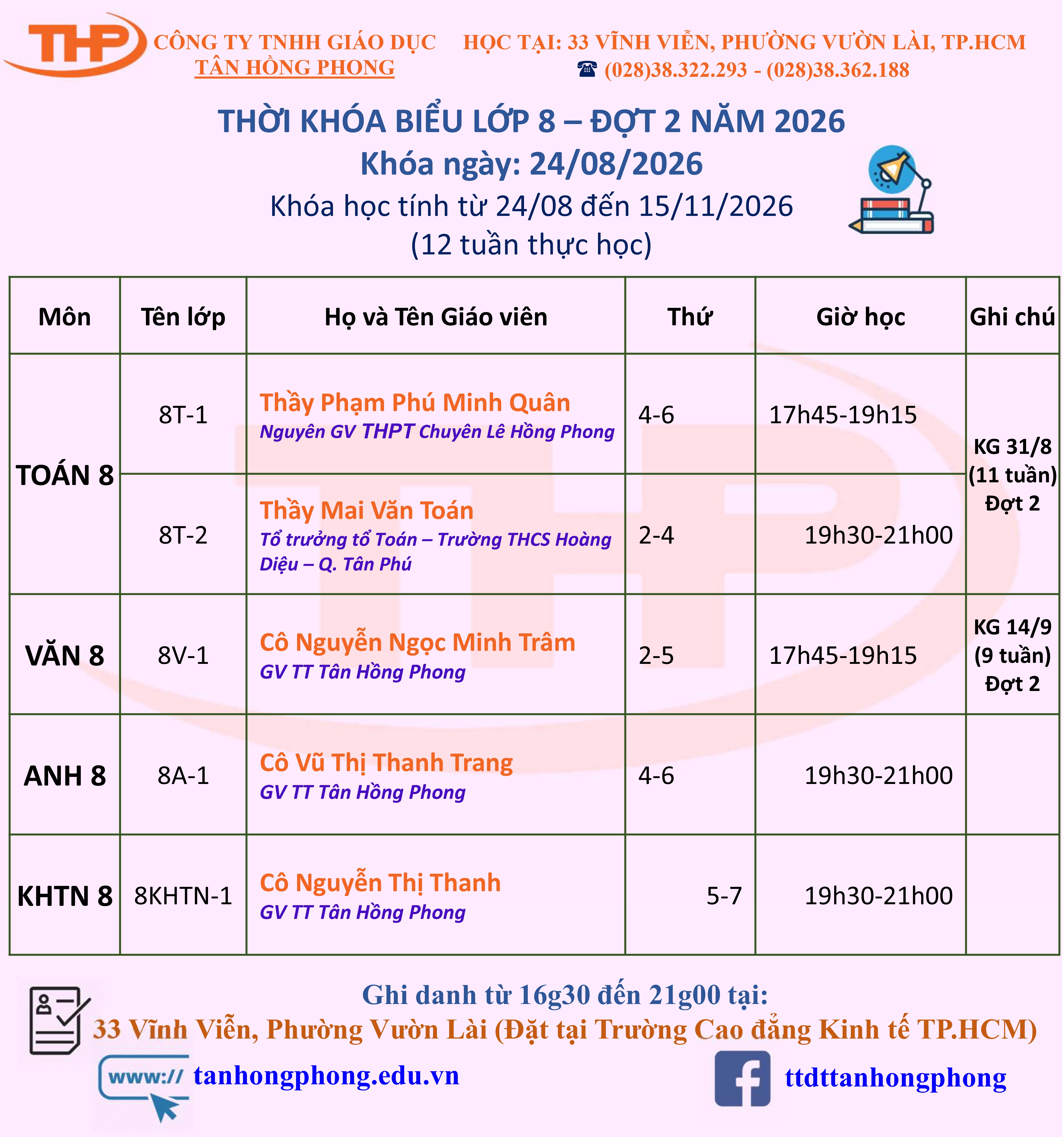 Thời Khóa Biểu Dạy Thêm Lớp 8