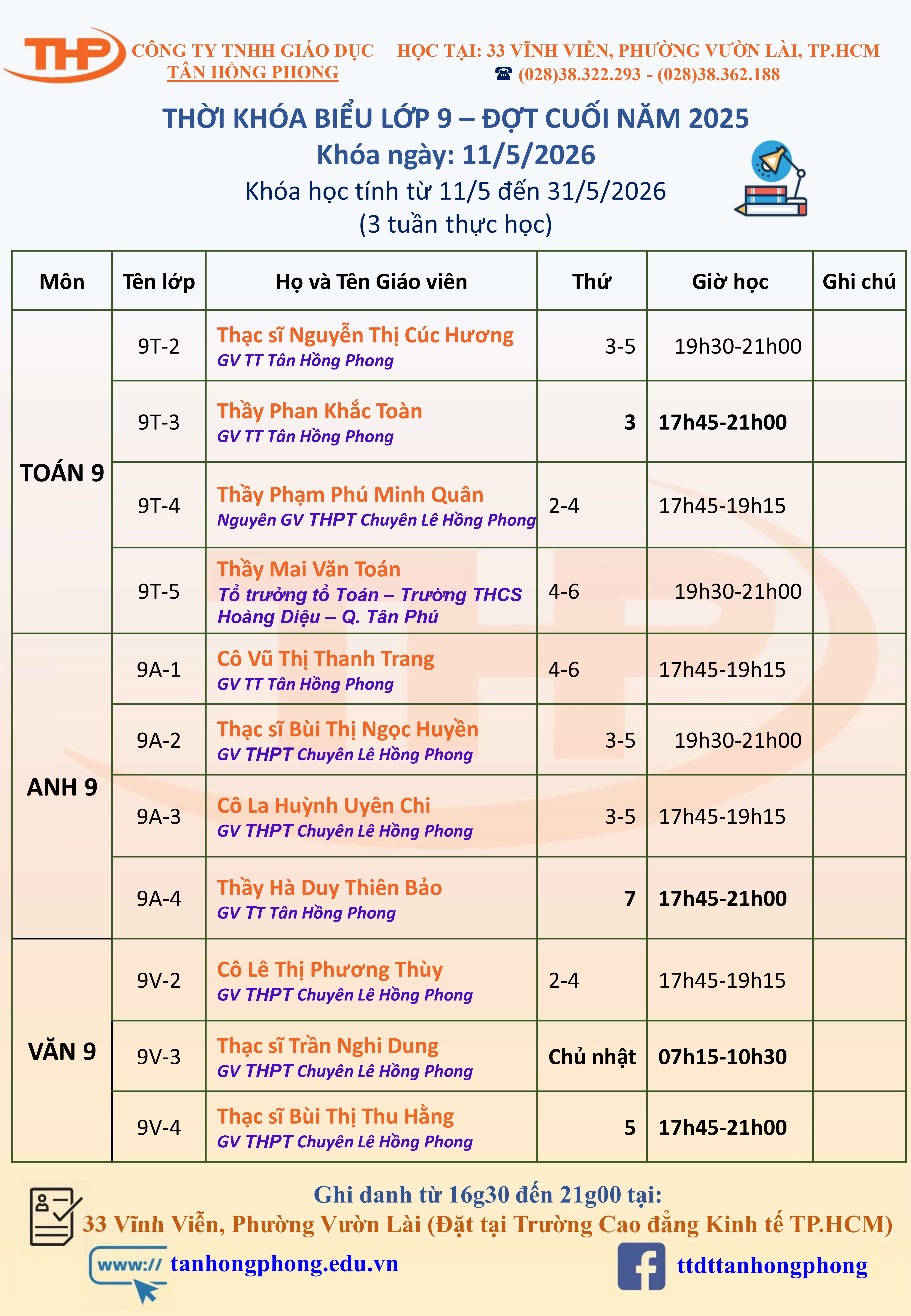 Thời Khóa Biểu Dạy Thêm Lớp 9