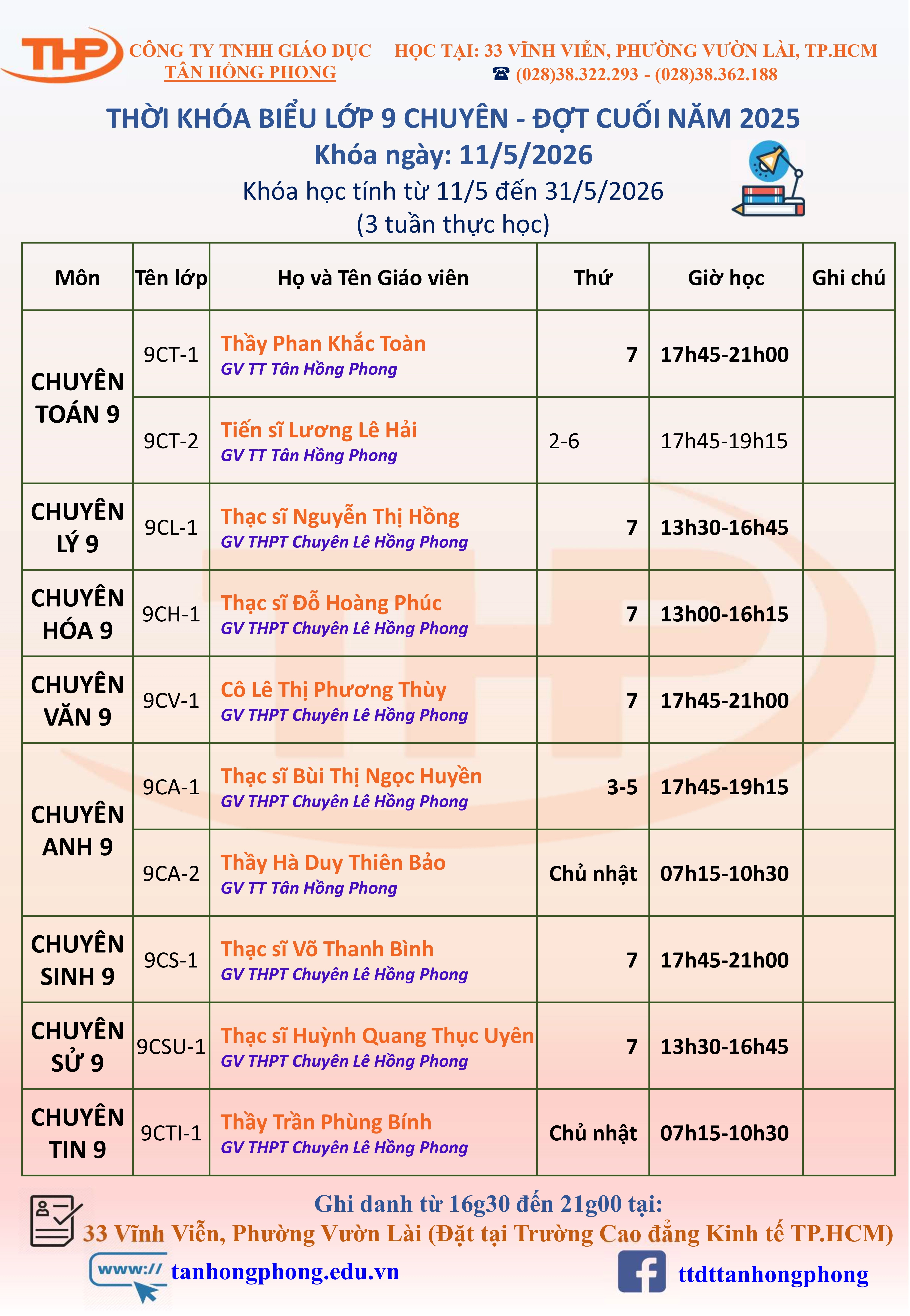 Thời Khóa Biểu Dạy Thêm Lớp 9 Chuyên