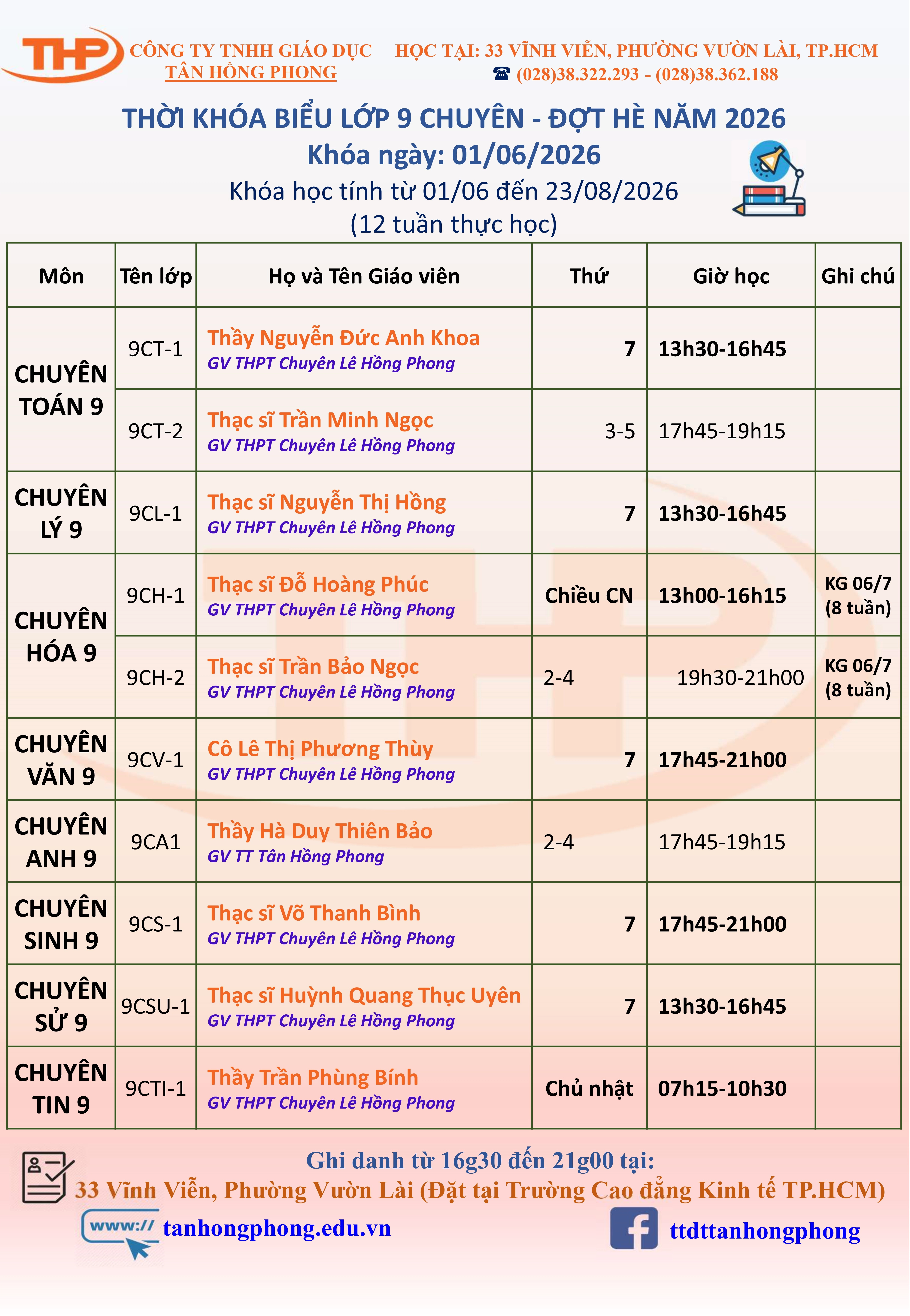 Thời Khóa Biểu Dạy Thêm Lớp 9 Chuyên Hè