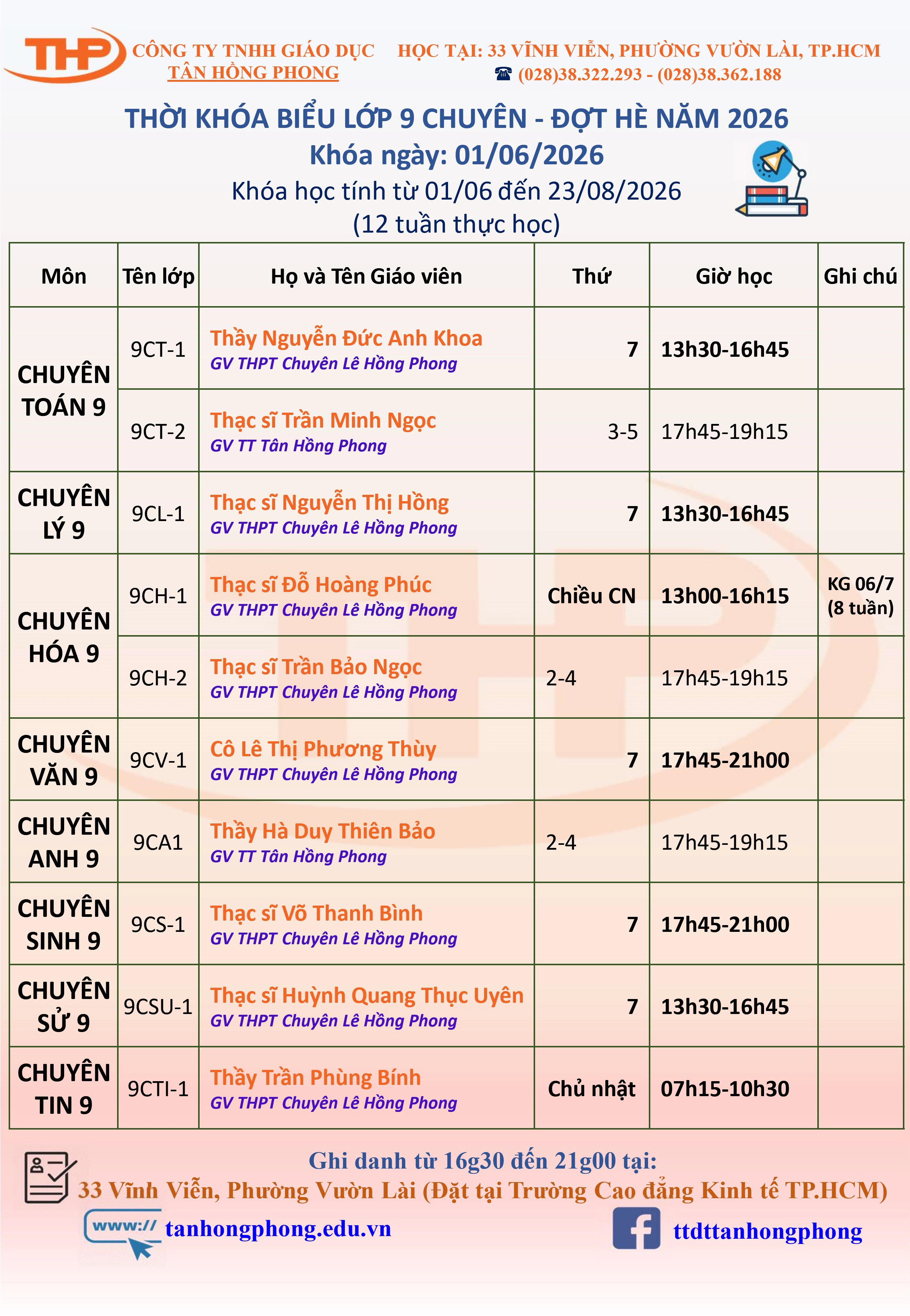 Thời Khóa Biểu Dạy Thêm Lớp 9 Chuyên Hè