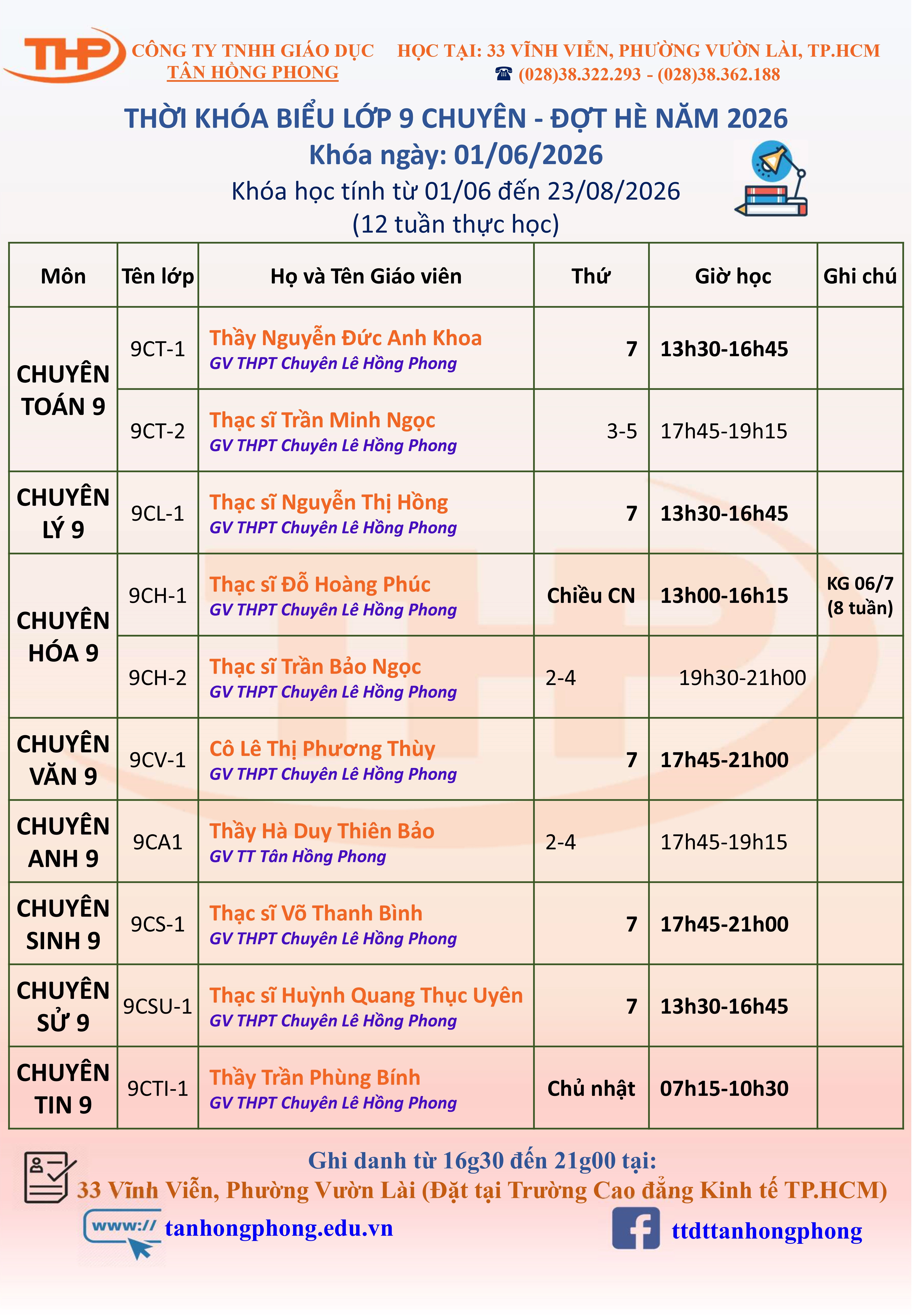 Thời Khóa Biểu Dạy Thêm Lớp 9 Chuyên Hè