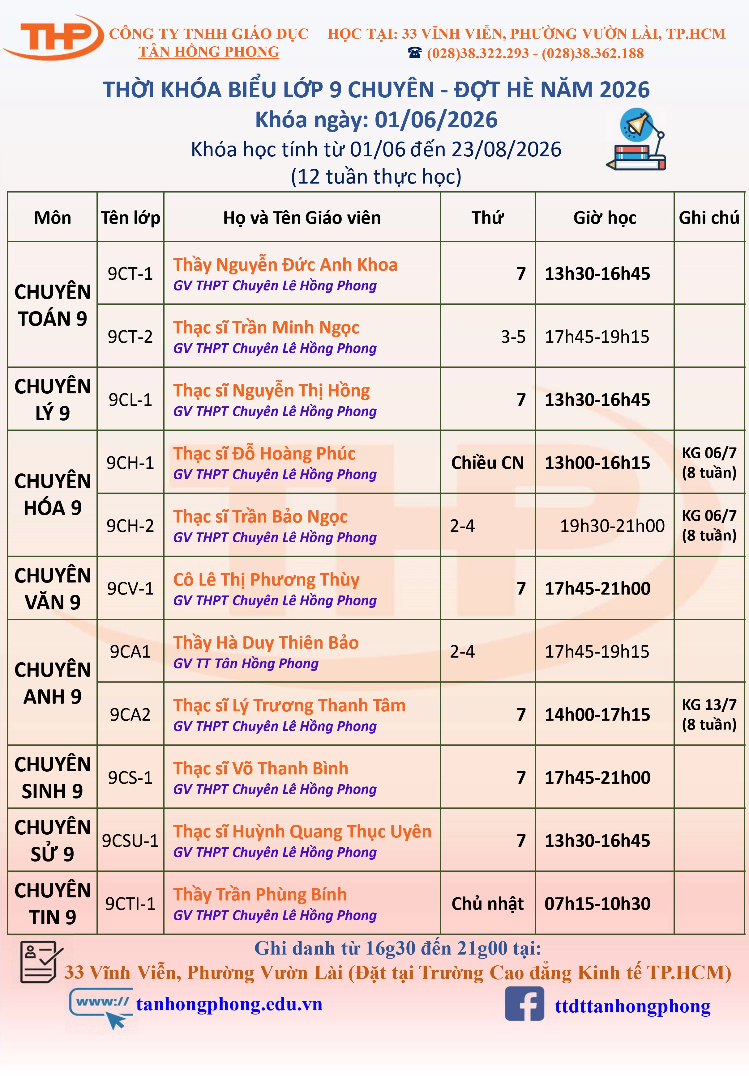 Thời Khóa Biểu Dạy Thêm Lớp 9 Chuyên Hè