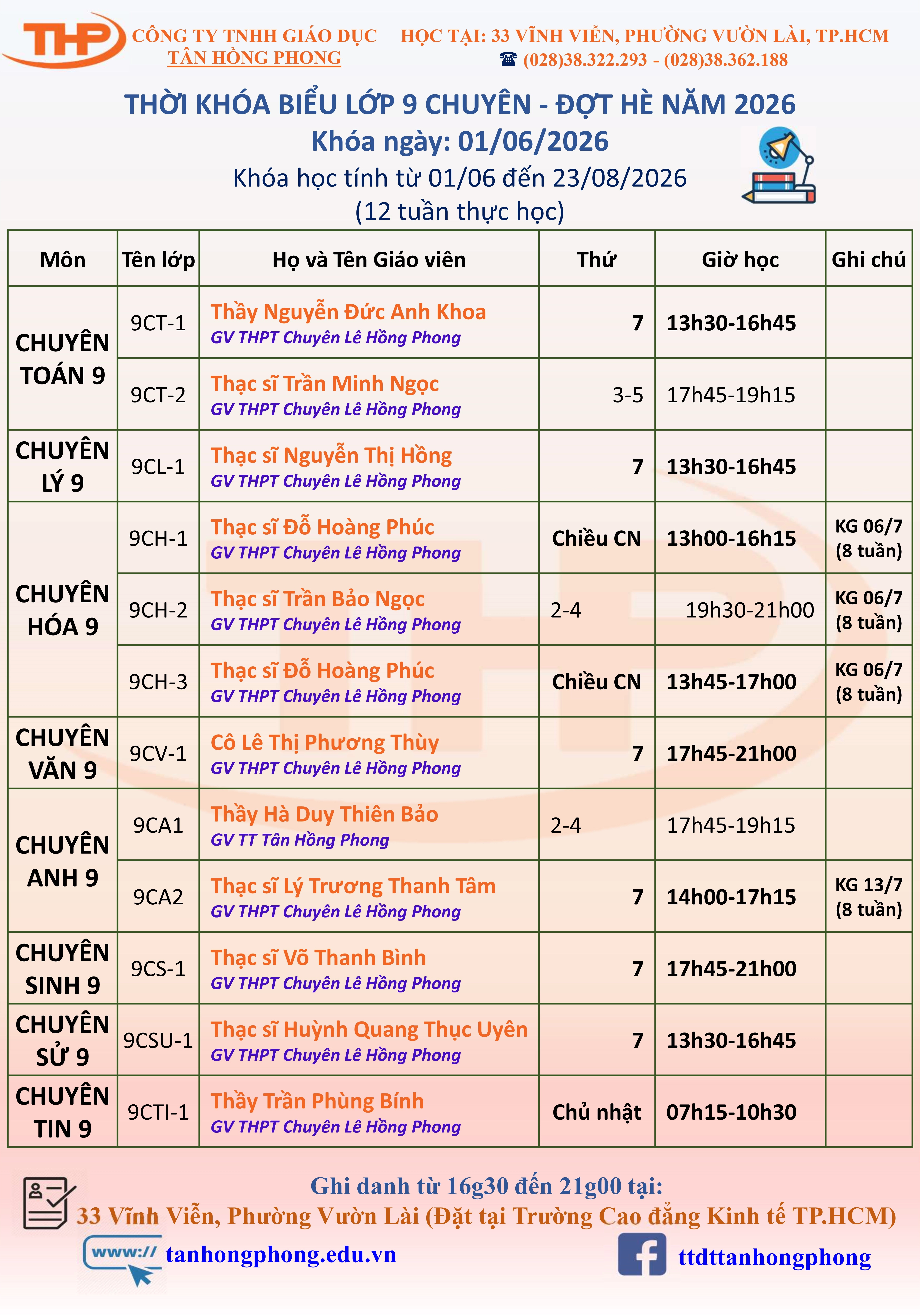 Thời Khóa Biểu Dạy Thêm Lớp 9 Chuyên Hè