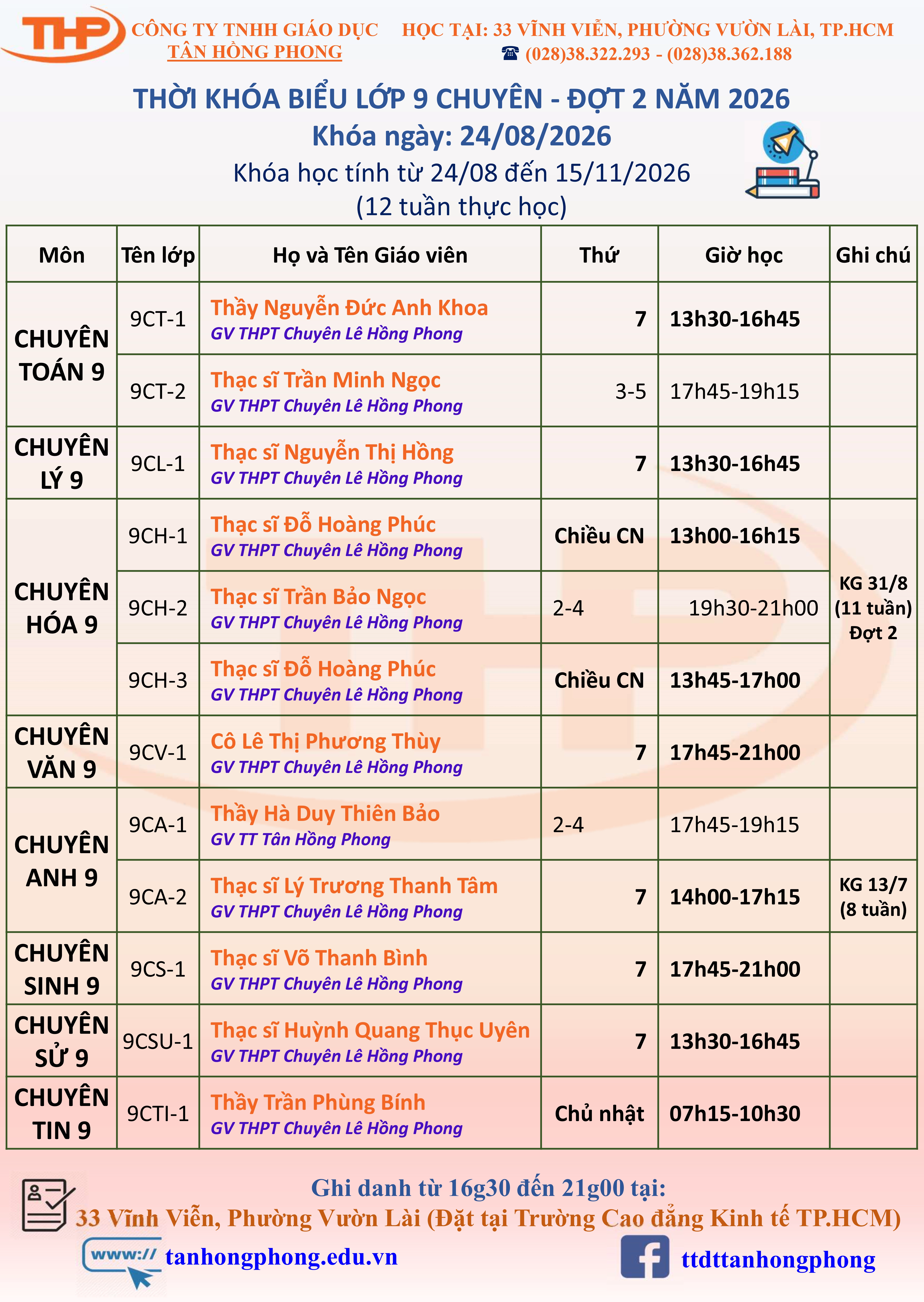Thời Khóa Biểu Dạy Thêm Lớp 9 Chuyên