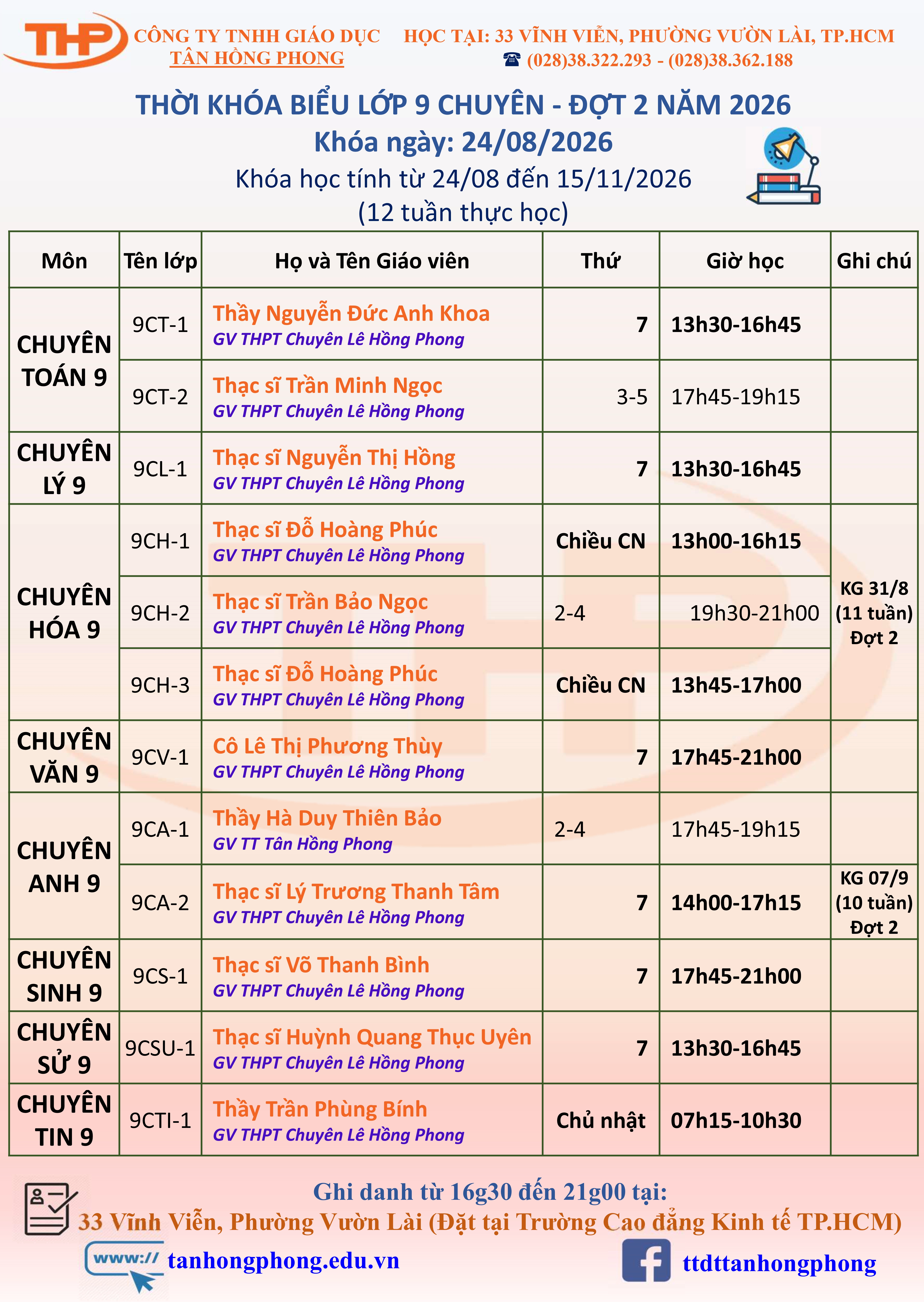Thời Khóa Biểu Dạy Thêm Lớp 9 Chuyên