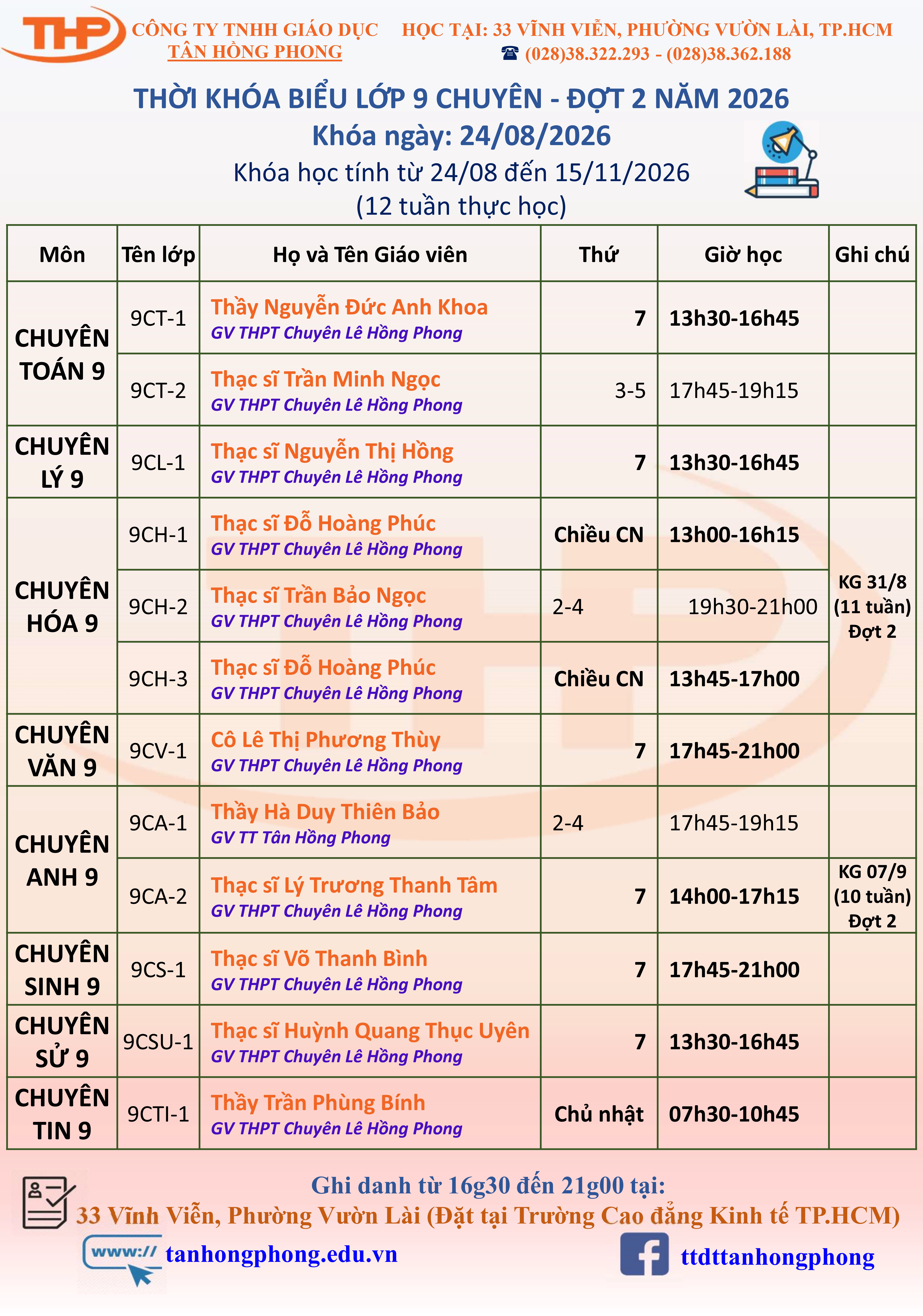 Thời Khóa Biểu Dạy Thêm Lớp 9 Chuyên