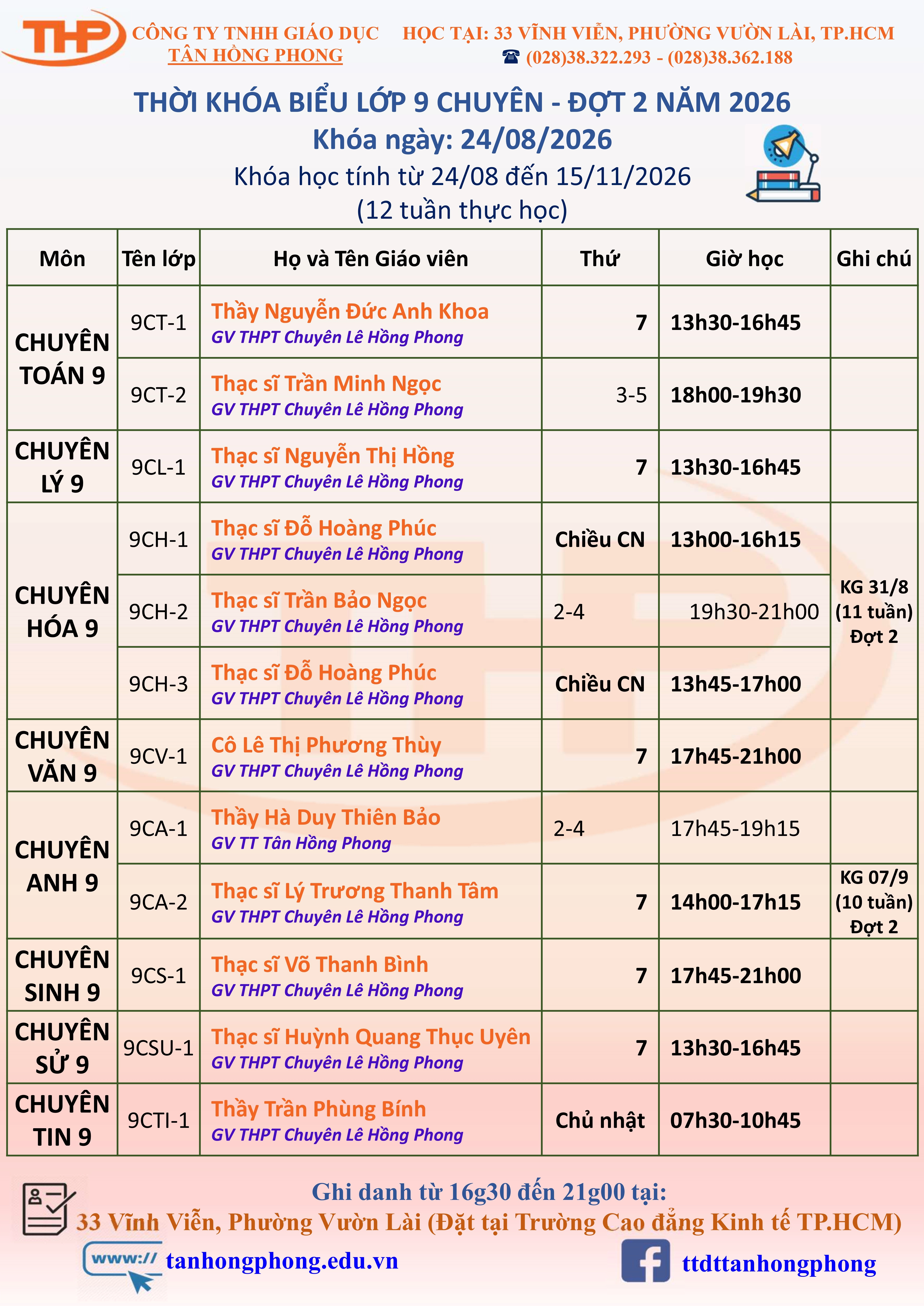 Thời Khóa Biểu Dạy Thêm Lớp 9 Chuyên