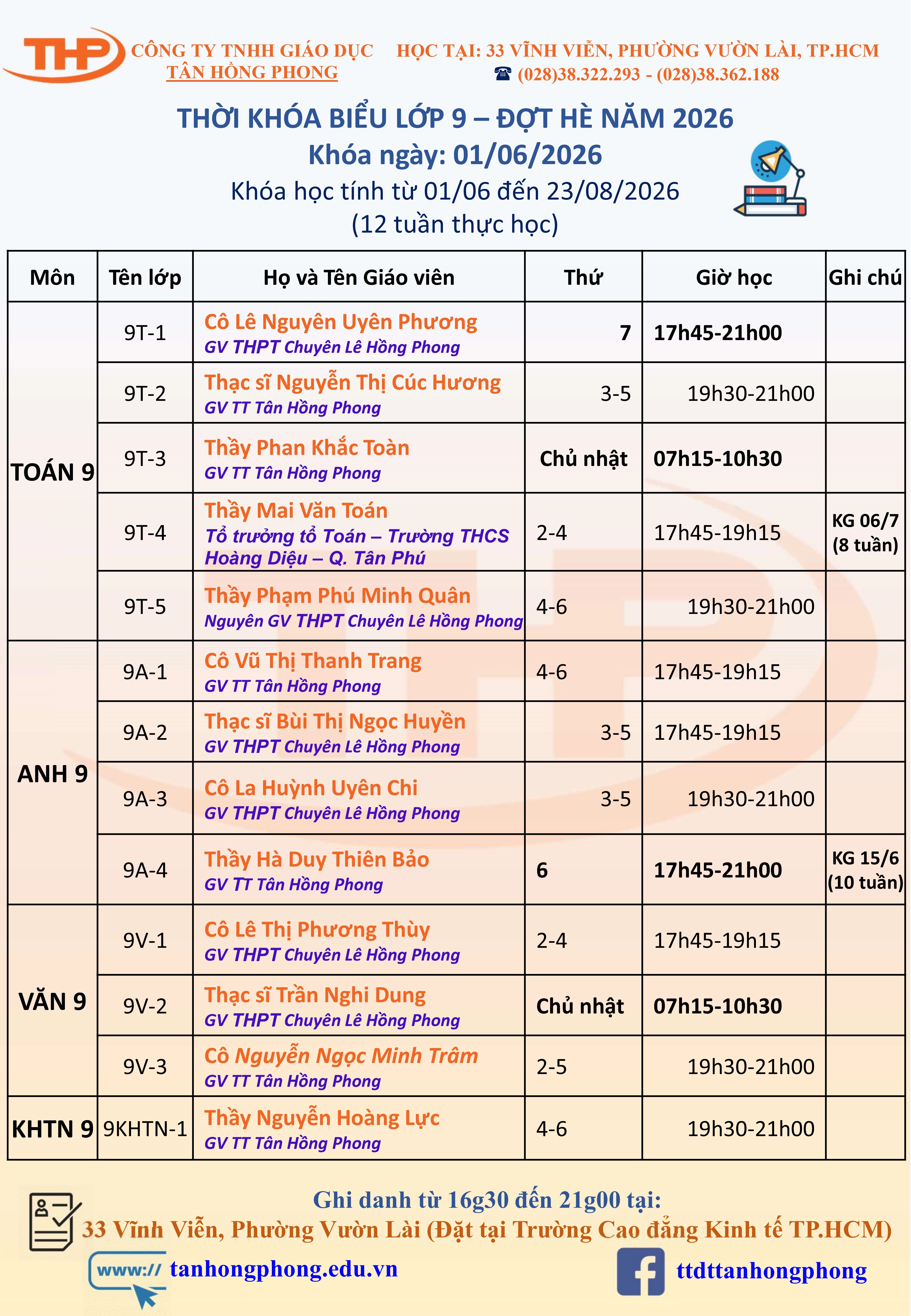 Thời Khóa Biểu Dạy Thêm Lớp 9 Hè