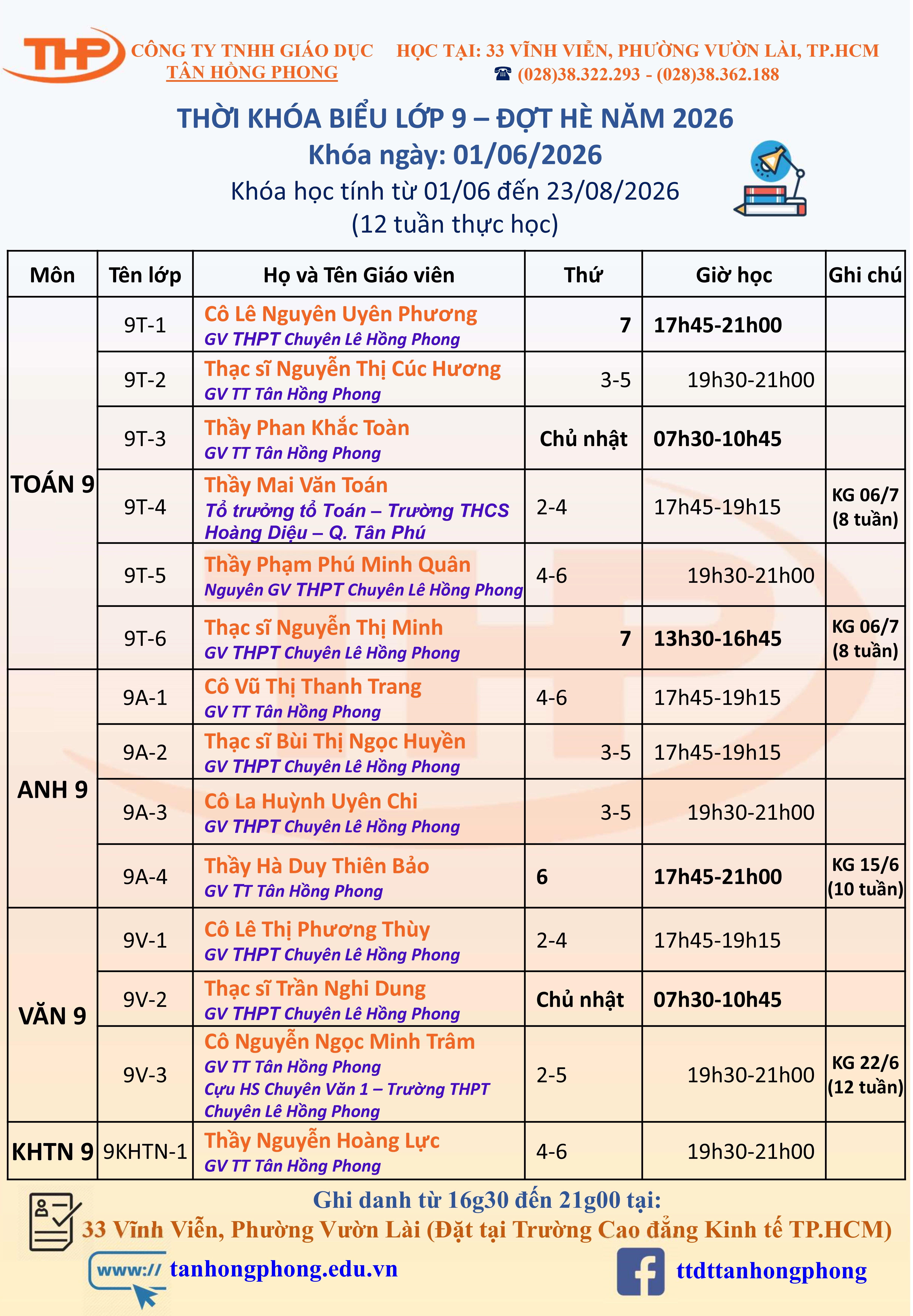 Thời Khóa Biểu Dạy Thêm Lớp 9 Hè