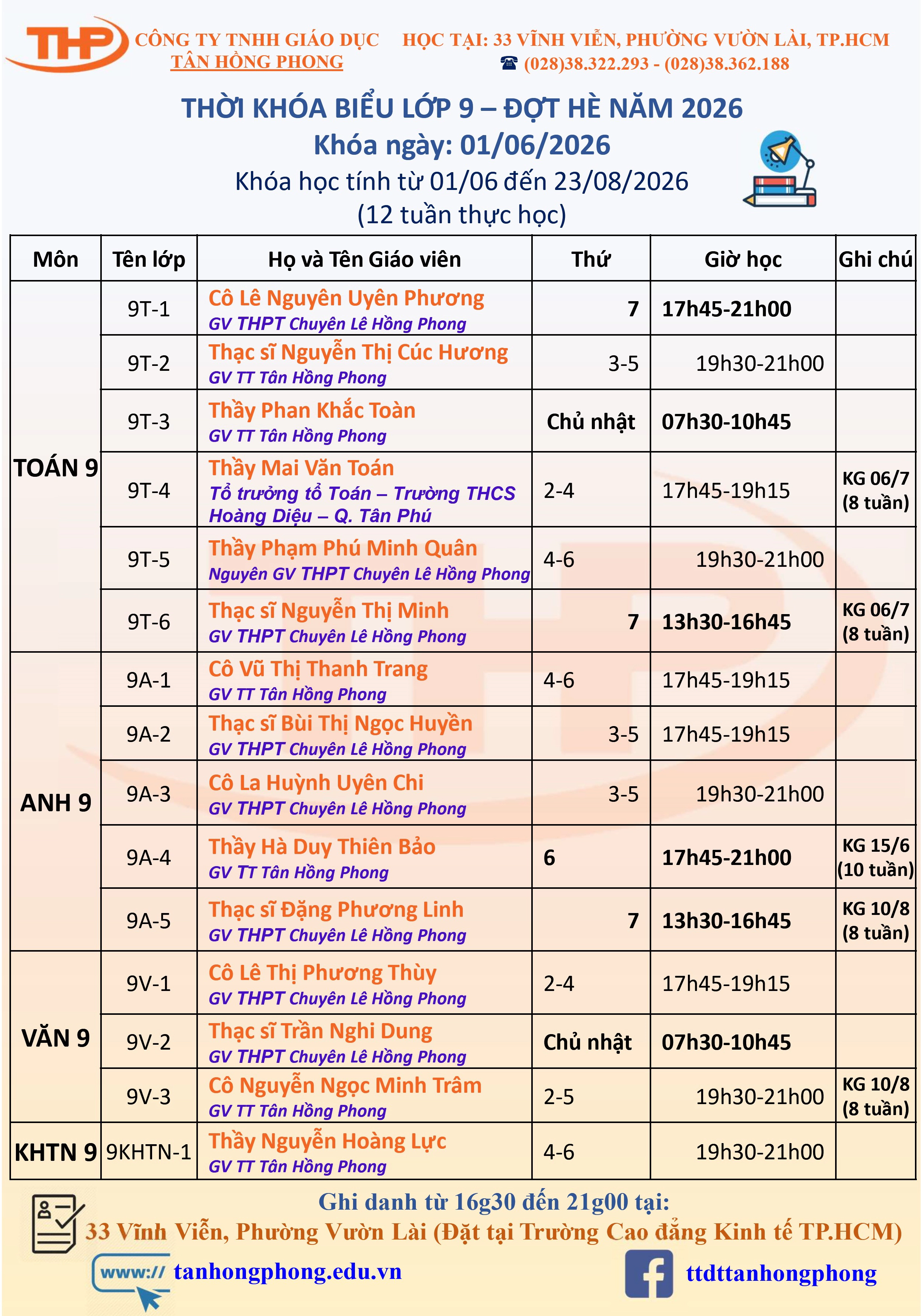 Thời Khóa Biểu Dạy Thêm Lớp 9 Hè