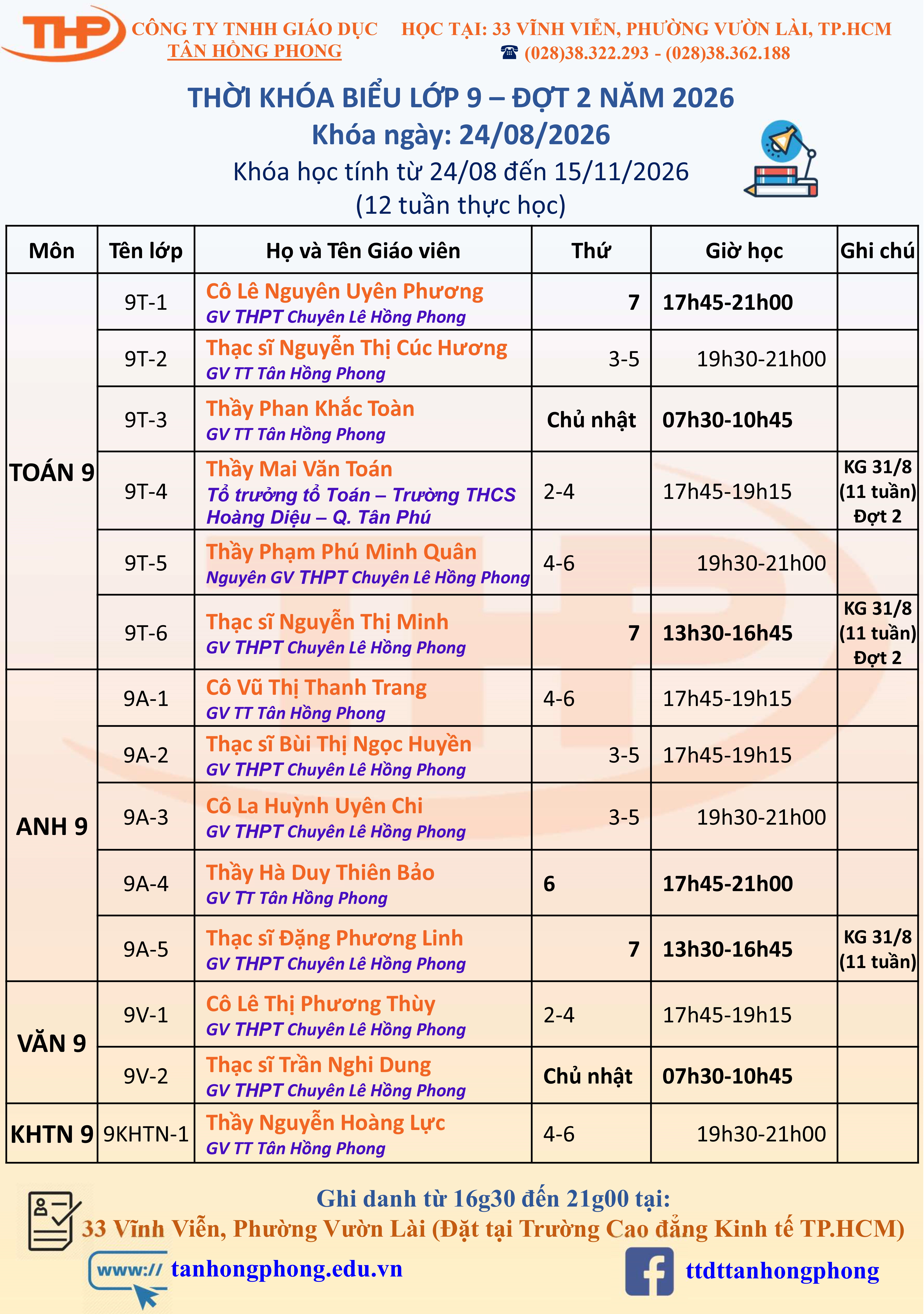 Thời Khóa Biểu Dạy Thêm Lớp 9
