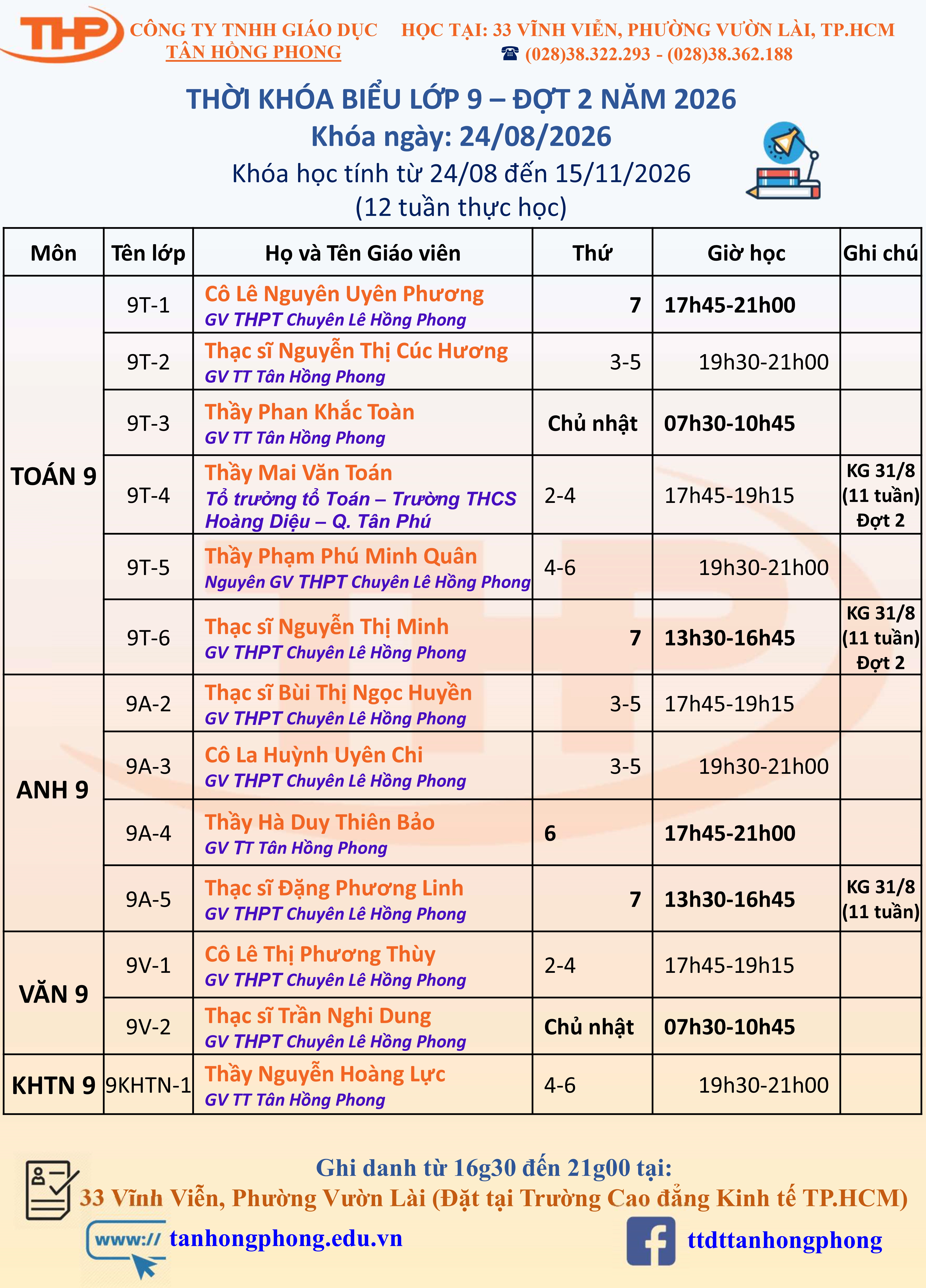 Thời Khóa Biểu Dạy Thêm Lớp 9