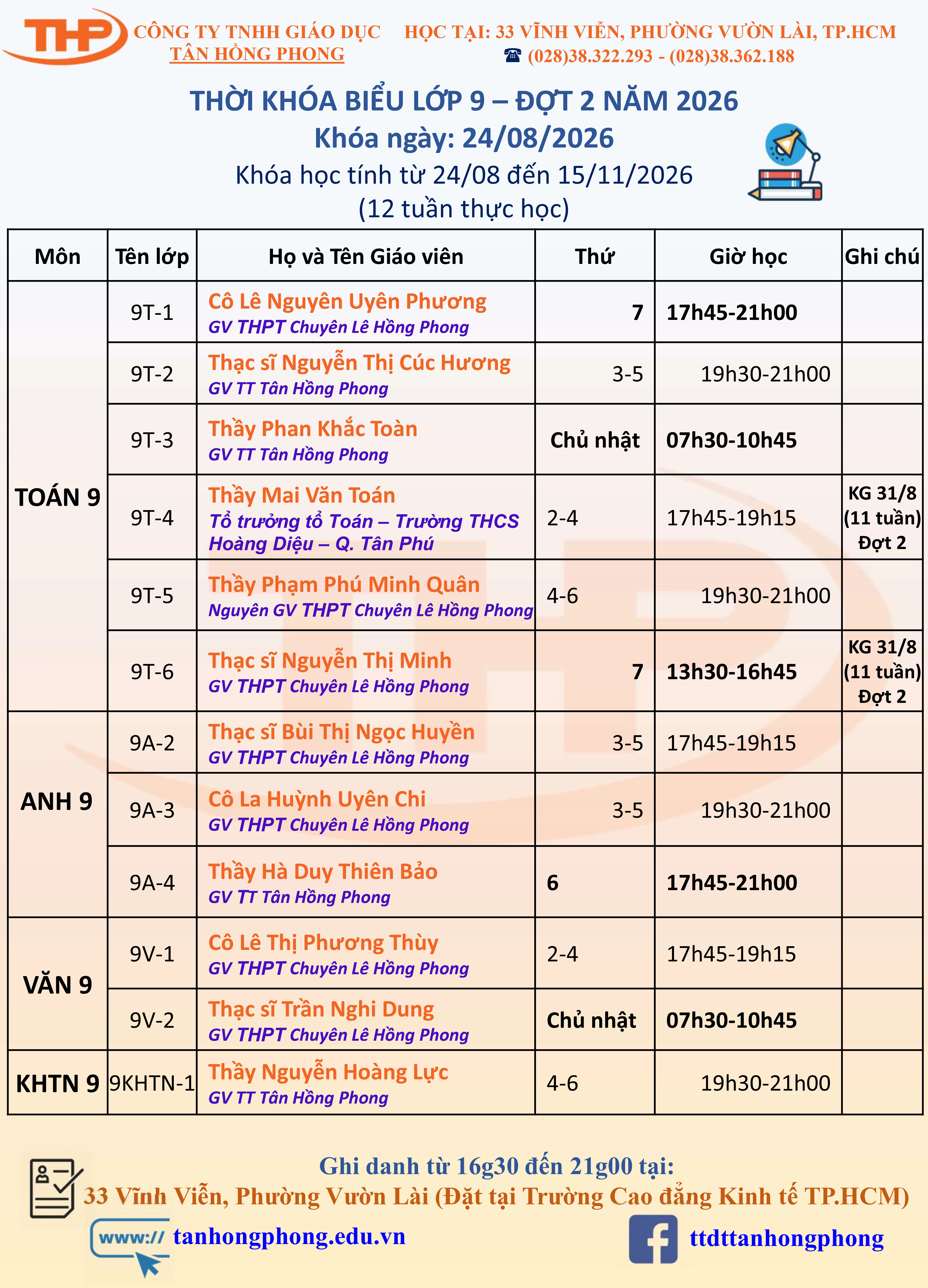Thời Khóa Biểu Dạy Thêm Lớp 9